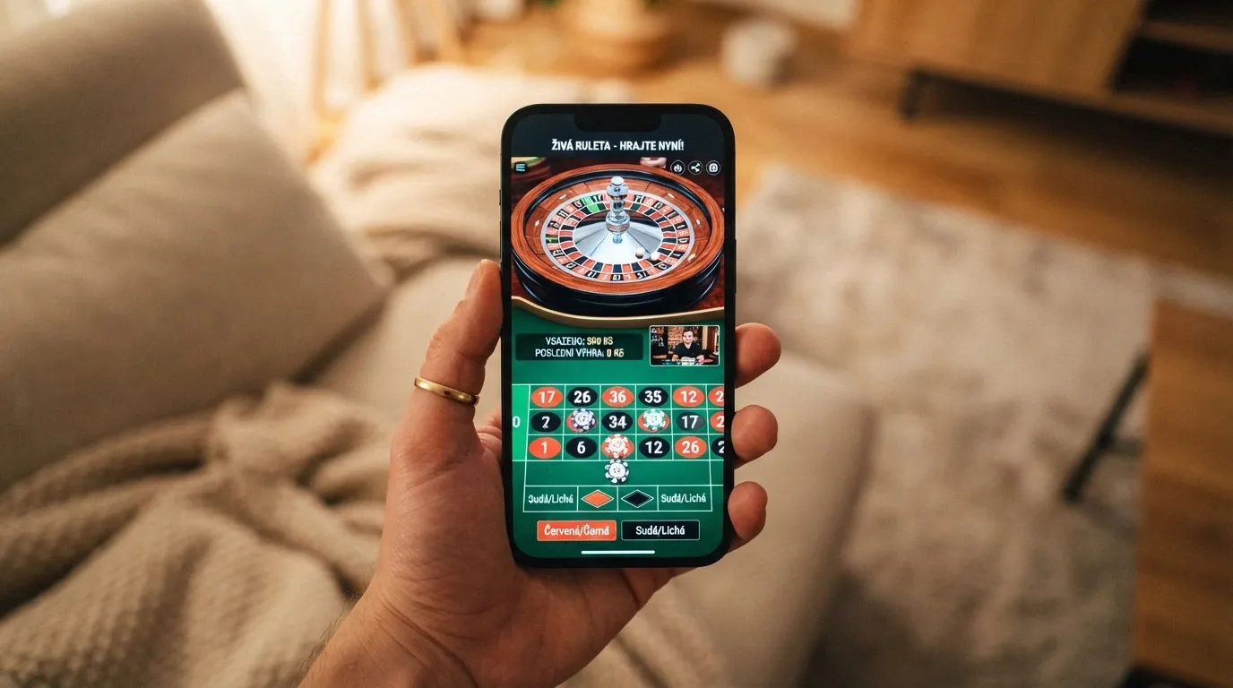 Mobilní telefon s otevřenou live casino hrou v prohlížeči